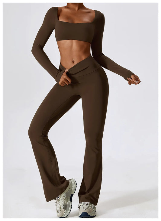 SQUARE NECK CROPPED GYM SET - BROWN