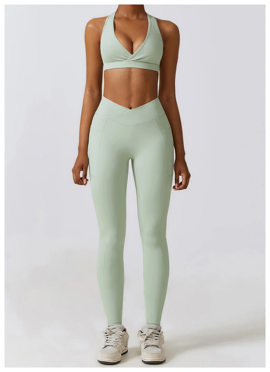 Crossed Waist Pocket Leggings - Sage