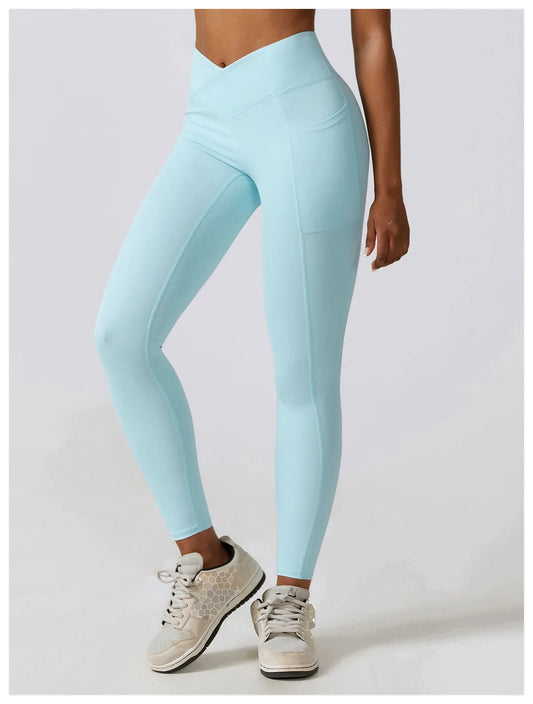 Crossed Waist Pocket Leggings - Turquoise