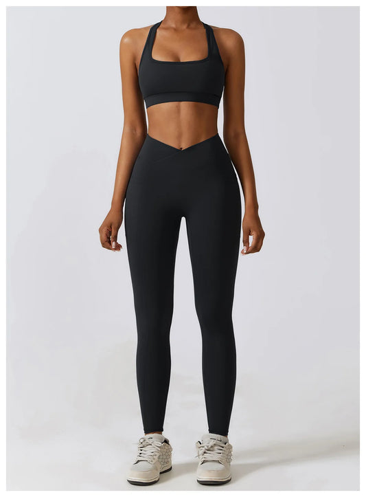 Crossed Waist Pocket Leggings - Black